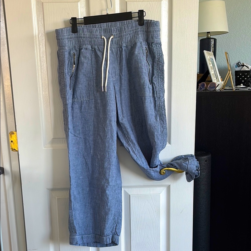 Athleta Cabo Retreat Blue linen wide leg pants, 14, hemmed to petite length
